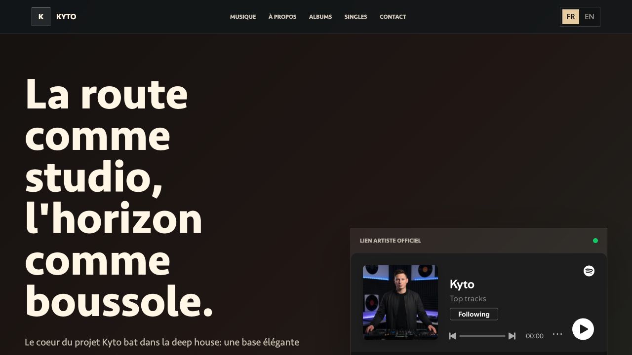 Section musique du site Kyto avec le lecteur Spotify et les plateformes d’écoute