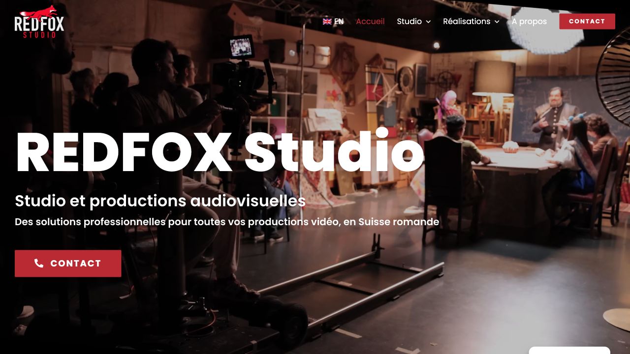 RedFox Studio homepage with a film shoot in the background